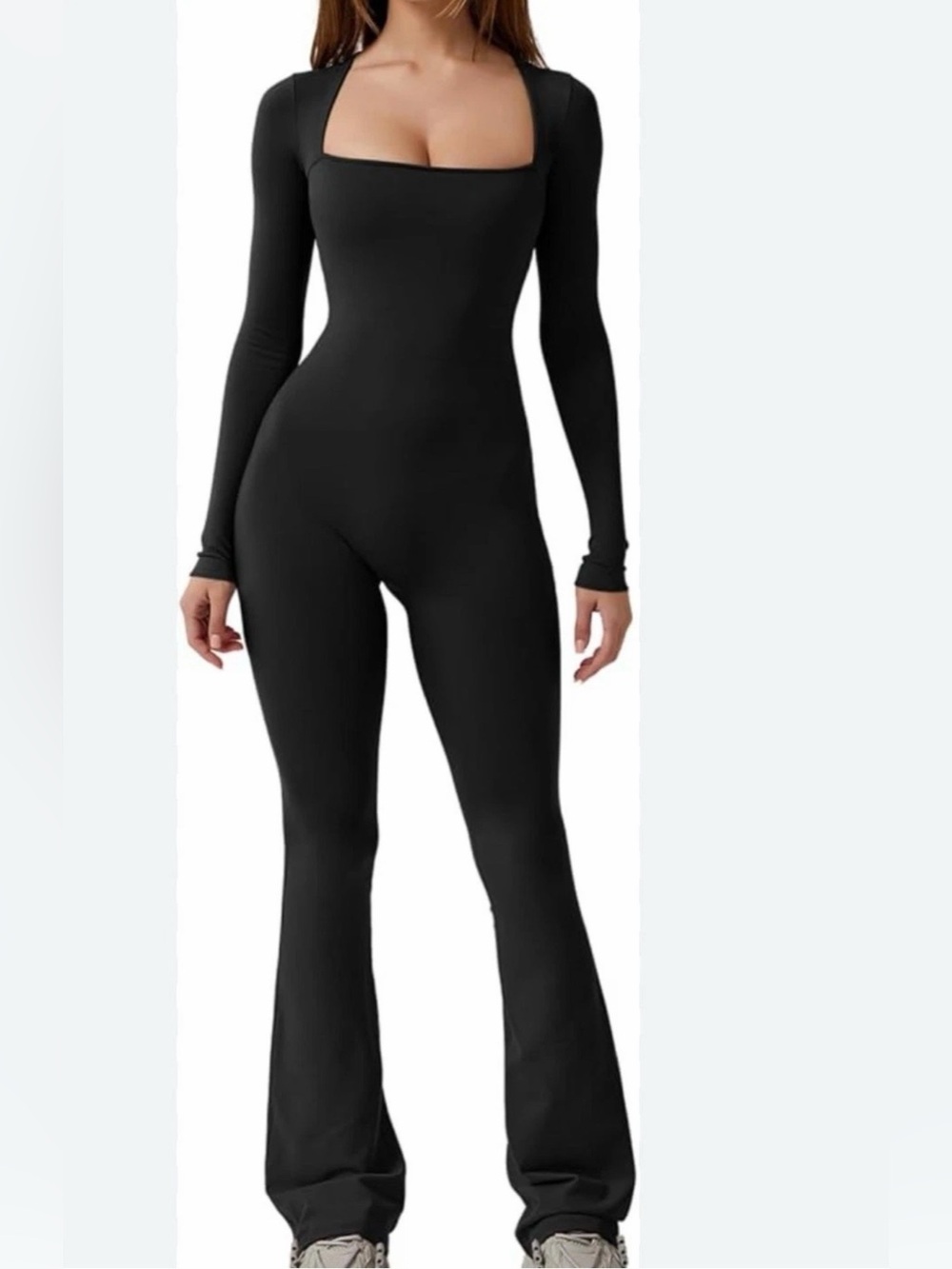 Square-Neck Long Sleeve Black Jumpsuit